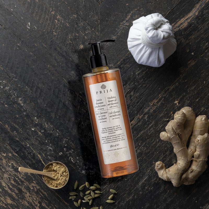 Prija Vitalizing Shower Gel & Shampoo with Ginseng (12.84 fl oz) - Toning and Revitalizing - Vegan Friendly - Dermatologically Tested - Made with 100% Recycled Bottle - Image 4